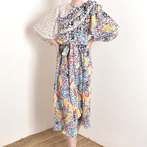 VINTAGE 1980S SUSAN FREIS MIXED PRINT DRESS-S/M - Picture 3 of 9